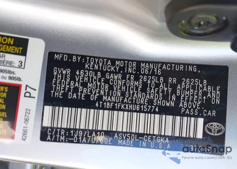 2017 Toyota Camry Xle z USA, uszkodzony, nr VIN 4T1BF1FKXHU615774